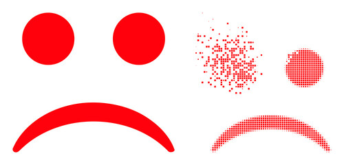 Dispersed dot sad smiley vector icon with wind effect, and original vector image. Pixel disappearing effect for sad smiley shows speed and motion of cyberspace concepts.