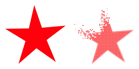 Dissolved dot star vector icon with wind effect, and original vector image. Pixel transformation effect for star shows speed and motion of cyberspace items.