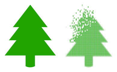 Fractured pixelated fir tree vector icon with wind effect, and original vector image. Pixel explosion effect for fir tree demonstrates speed and movement of cyberspace items.