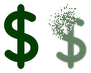 Dispersed dotted dollar sign vector icon with wind effect, and original vector image. Pixel destruction effect for dollar sign shows speed and movement of cyberspace objects.