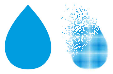 Fractured dotted water drop vector icon with destruction effect, and original vector image. Pixel destruction effect for water drop shows speed and movement of cyberspace items.