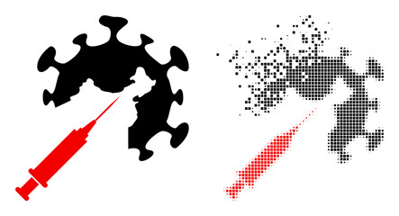 Fractured dot coronavirus vaccine injection vector icon with wind effect, and original vector image.