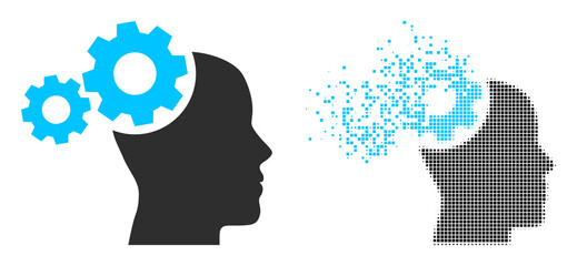 Dispersed dot mind gears vector icon with destruction effect, and original vector image. Pixel defragmentation effect for mind gears shows speed and movement of cyberspace matter.