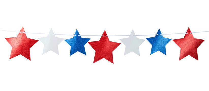 Star garland or American Flag. 4th of July Independence Day. US starry striped patriotic symbol. United States of America. Glitter Stars on white isolated background. High resolution photo.