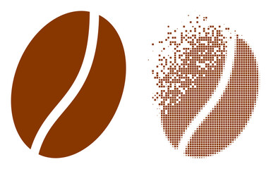 Fototapeta premium Dissolved pixelated coffee bean vector icon with destruction effect, and original vector image. Pixel destruction effect for coffee bean demonstrates speed and movement of cyberspace things.