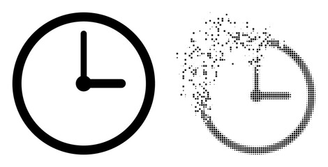 Dissolved dotted clock vector icon with wind effect, and original vector image. Pixel dissipating effect for clock demonstrates speed and movement of cyberspace objects. - obrazy, fototapety, plakaty