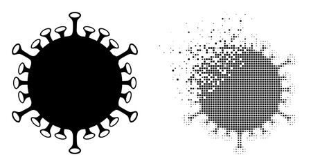 Dispersed dotted flu virus vector icon with destruction effect, and original vector image. Pixel destruction effect for flu virus demonstrates speed and motion of cyberspace abstractions.