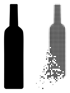 Fractured dot wine bottle vector icon with wind effect, and original vector image. Pixel defragmentation effect for wine bottle shows speed and motion of cyberspace things.