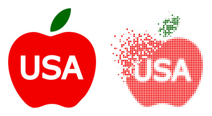 Dispersed dot American apple vector icon with wind effect, and original vector image. Pixel dissipating effect for American apple shows speed and motion of cyberspace matter.