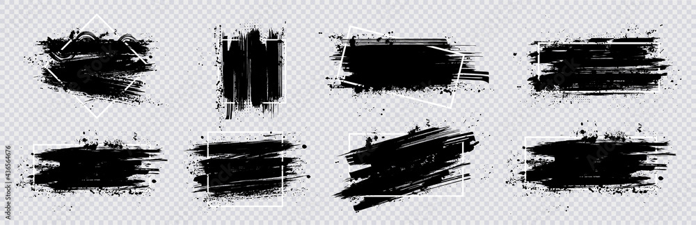 Poster Collection paint compositions grunge with frame for texting boxes. Dirty texture elements, quote box speech template. Black splashes isolated. Paint grunge for posters, flyers, cards, banners. Vector