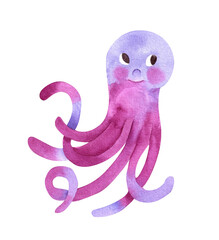 Cute octopus watercolor illustration isolated on white background