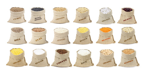 The set of cereals and spices in sacks isolated on a white background. Collection of cereals and flakes in bags. Grocery