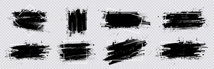 Collection paint compositions grunge with frame for texting boxes. Dirty texture elements, quote box speech template. Black splashes isolated. Paint grunge for posters, flyers, cards, banners. Vector