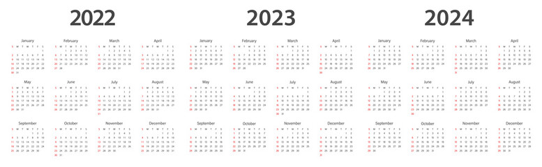 Calendar 2022, calendar 2023, calendar 2024 week start Sunday corporate design planner template.