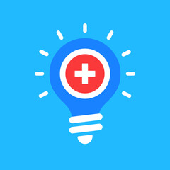 Medical innovations, medical technology, healthcare technology, medtech concepts. Modern medicine. Light bulb with medical cross icon. Vector illustration