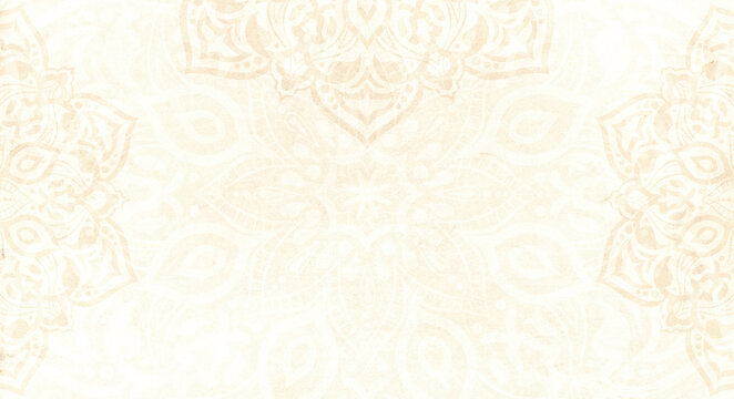 Elegant light cream sandstone background with mandala decorations - copyspace, frame, wedding