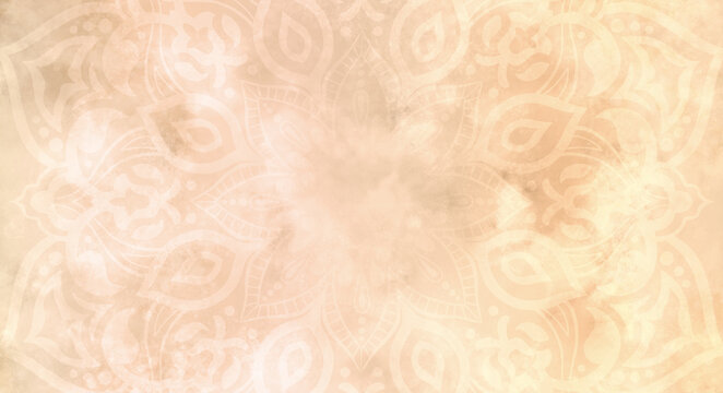 Subtle and light pastel orange, peach textured watercolour background with mandala