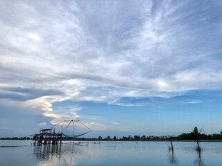 The silhouette of traditional Shrimp fishing trap in Thailand