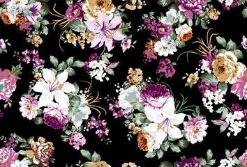 floral pattern with roses and small flowers for classic tapestry, textiles and decoration with vintage flower design