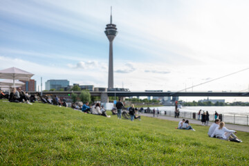 Selective and low angle view at grass and defocus background, crowd of people sit, hang out and enjoy sunny day on park at promenade riverside of Rhine River and background of Rhine Tower.    - obrazy, fototapety, plakaty