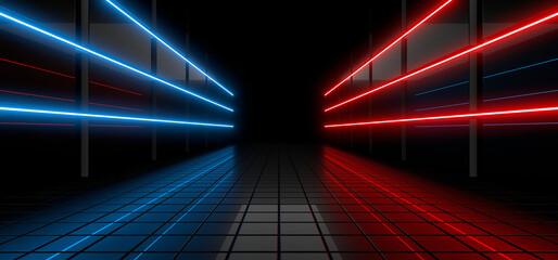 Sci Fy neon lamps in a dark corridor. Reflections on the floor and walls. 3d rendering image.