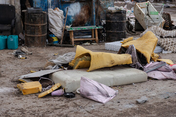 Disassembly of old mattresses. At the landfill, old mattresses are first unpacked, and then sent to...