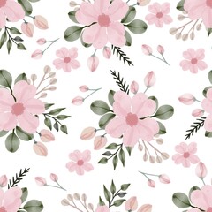 Seamless pattern of pink flowers and bud for fabric design