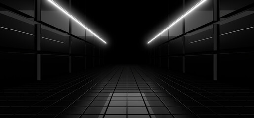 A dark tunnel lit by white neon lights. Reflections on the floor and walls. 3d rendering image.
