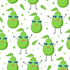  Cute seamless pattern with happy joy avocado character in sunglasses. Vector cartoon Illustration.