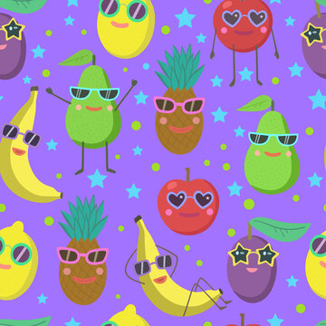Cute seamless pattern with cartoon fruits characters in sunglasses, avocado, banana, pineapple, lemon and apple.