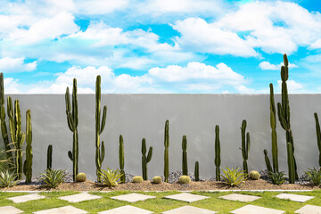 Cactus garden on white wall background with green grass and bluesky. - Powered by Adobe