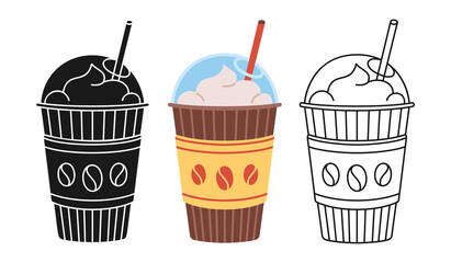 Coffee cup cartoon set line icon, black glyph trendy style. Craft doodle flat cups to go. Disposable plastic and paper tableware template hot drink with foam cup icon. Vector illustration
