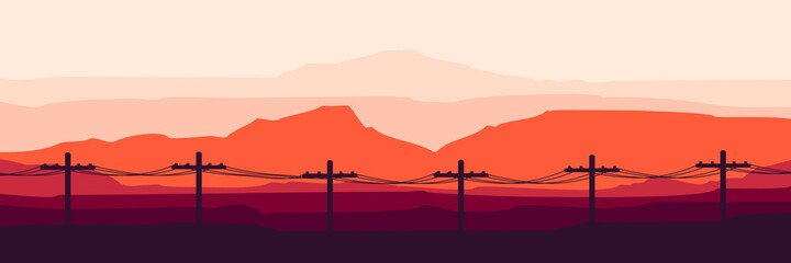 silhouette of electric pole engineering in sunset mountain landscape vector illustration good for wallpaper, background, design template and banner template