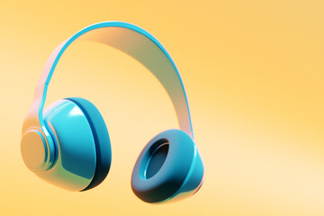 3d illustration realistic  blue   headphones isolated on   yellow  background.Sound music headphones. Audio technology. Modern headphones - 436571093