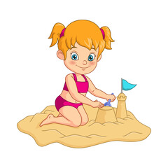 Cartoon girl making sand castles on a beach