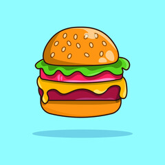 Hamburger cute style illustration. Flat vector illustration. Cartoon style of cheeseburger. Food vector illustration.  