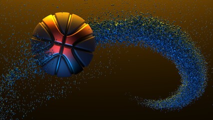 Red-Black Basketball with Particles under Orange-Blue lighting background. 3D illustration. 3D high quality rendering. 3D CG.