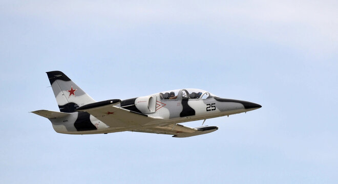 ROCKFORD, ILLINOIS - May 30, 2021: Aero L-39 Albatros performing touch and go landings at Chicago Rockford International Airport RFD