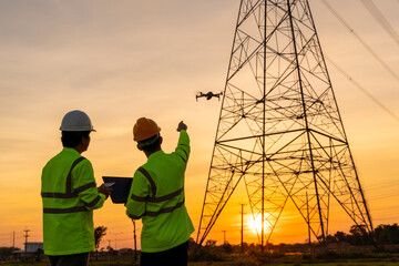 Team work of Engineers location help Technician use drone to fly inspections at the electric power...