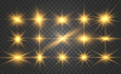 	
Set of gold bright beautiful stars. Light effect Bright Star. Beautiful light for illustration. Christmas star. White sparks sparkle with a special light. Vector sparkles on transparent background