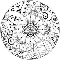 Mehndi flower for henna, mehndi, tattoo, decoration. decorative ornament in ethnic oriental style. doodle ornament. outline hand draw illustration. coloring book page.