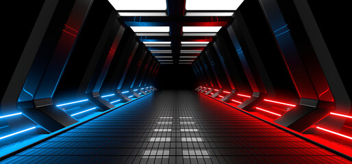 Sci Fy neon lamps in a dark corridor. Reflections on the floor and walls. 3d rendering image.