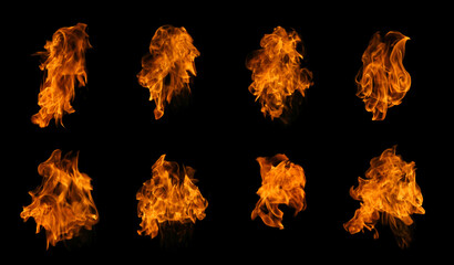 Fire collection set of flame burning isolated on dark background for graphic design