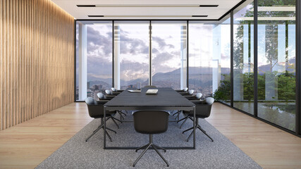 Sala de reuniones de oficina moderna con mesa y sillas negras, 3d render - obrazy, fototapety, plakaty