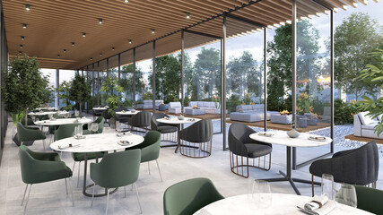 Restaurante con terraza con jardines y mesas redondas, 3d render