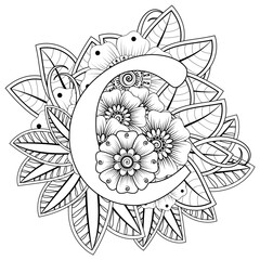 Mehndi flower for henna, mehndi, tattoo, decoration. decorative ornament in ethnic oriental style. doodle ornament. outline hand draw illustration. coloring book page.