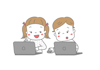 パソコンを使って学習している男の子と女の子