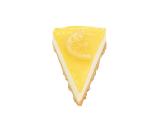 Lemon cheesecake, a close up of homemade sliced cheese cake bakery isolated on white background.