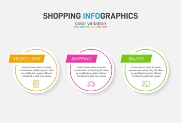 Concept of shopping process with 3 successive steps. Three colorful graphic elements. Timeline design for brochure, presentation, web site. Infographic design layout.