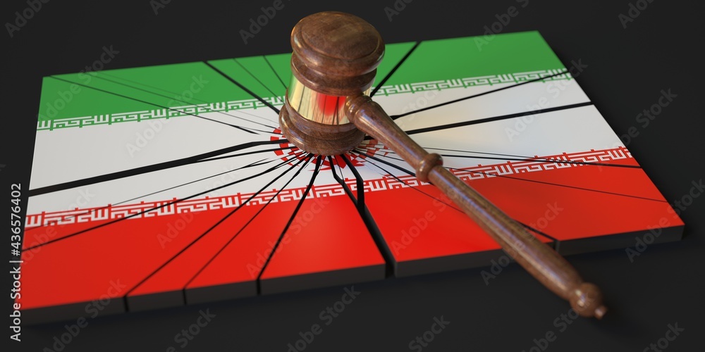 Poster broken block with flag of iran and judge's gavel. conceptual 3d rendering
